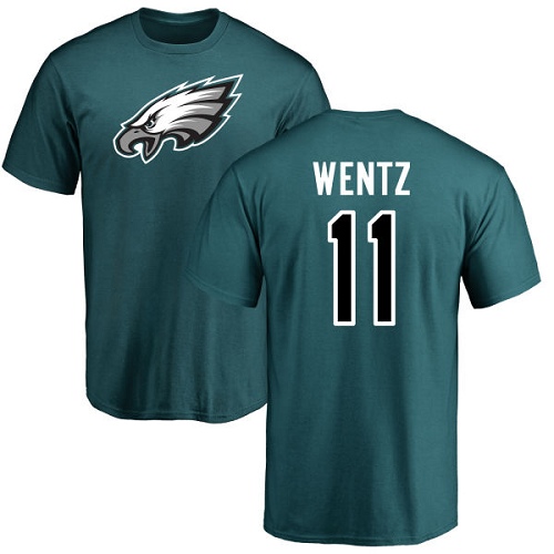 Men Philadelphia Eagles #11 Carson Wentz Green Name and Number Logo NFL T Shirt->nfl t-shirts->Sports Accessory